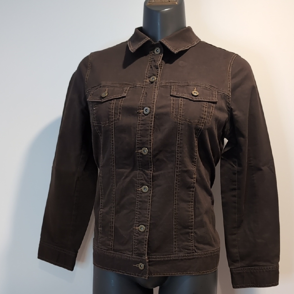 Addition Elle Dark Brown Button-Front Cotton Denim Jacket Plus Size 14